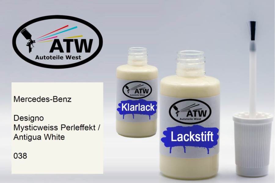 Mercedes-Benz, Designo Mysticweiss Perleffekt / Antigua White, 038: 20ml Lackstift + 20ml Klarlack - Set, von ATW Autoteile West.